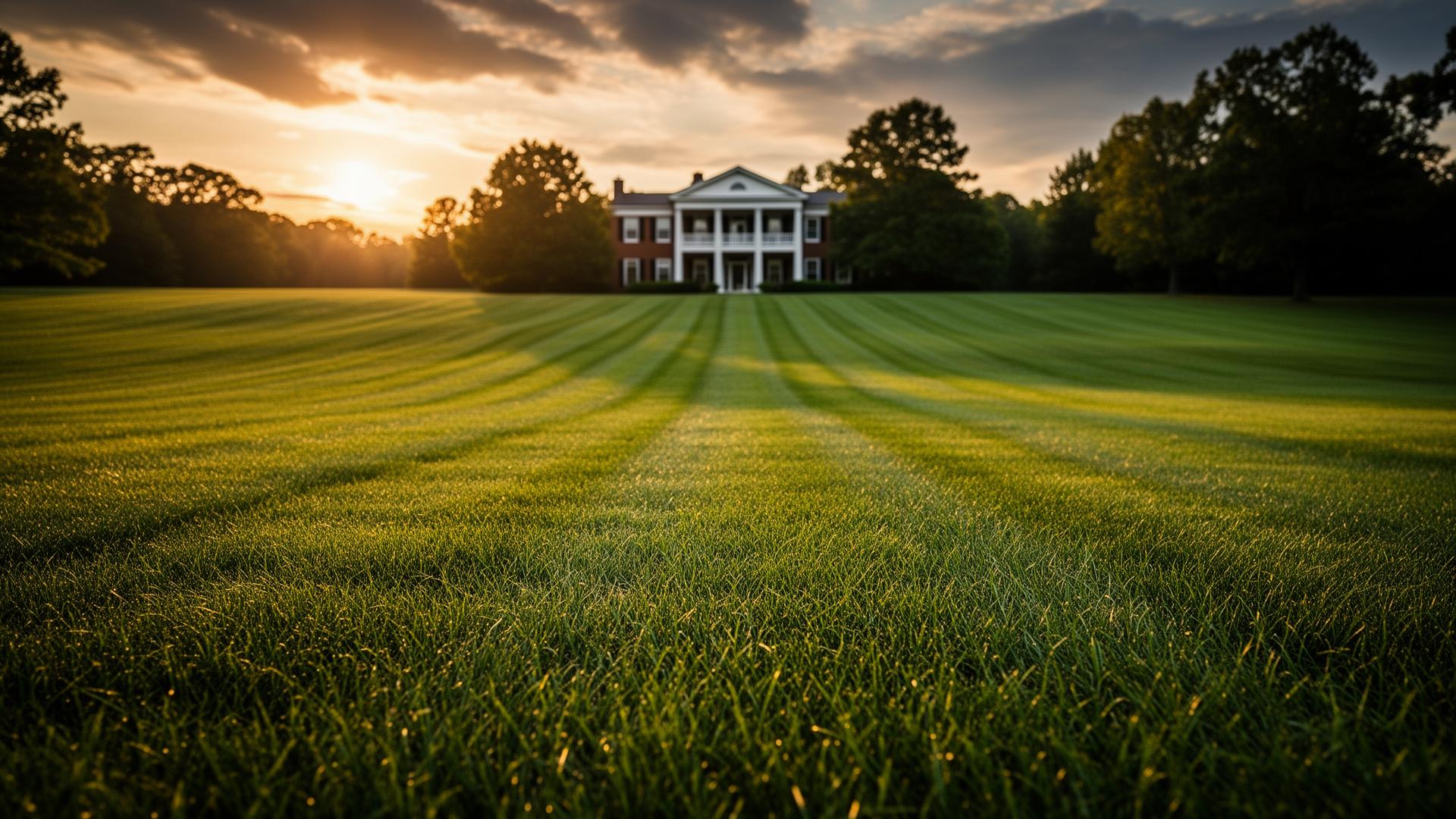 Freshly mowed Knoxville lawn at golden hour